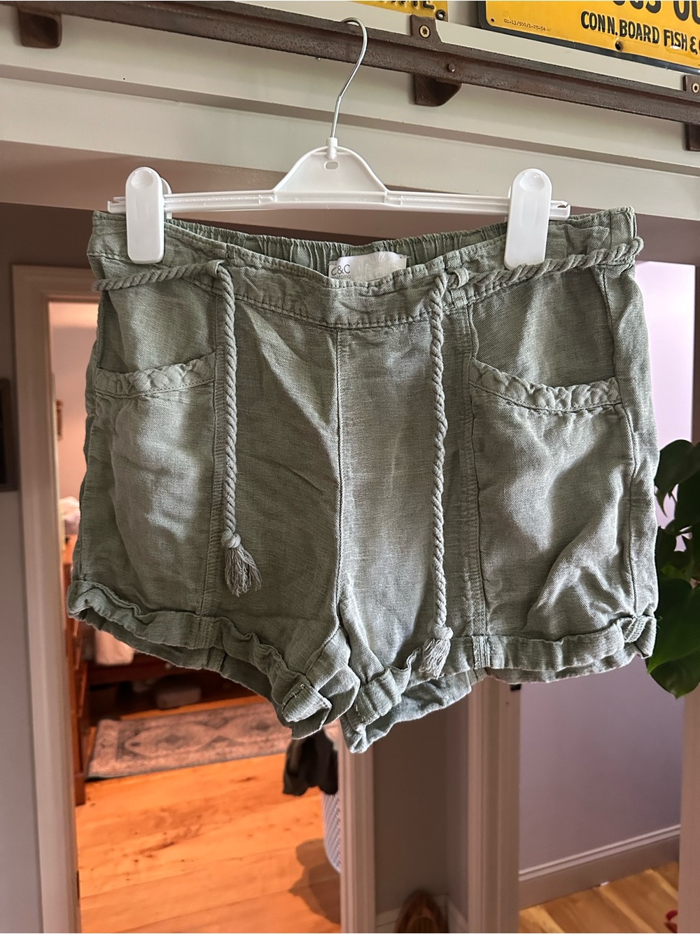 C&C California Olive Drawstring Linen-Blend High Waist Shorts